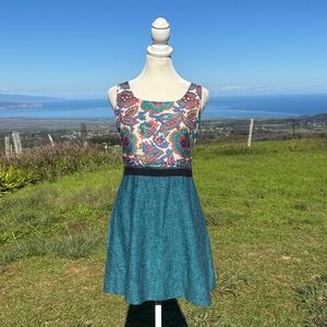 Rachel Roy Retro Paisley tweed Cut out Green Linen blend Fit Flair Mini Dress 6